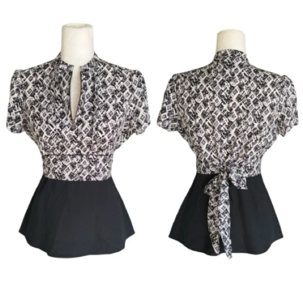 LN Anthropologie Girls From Savoy Black & White Bow Tie Back Peplum Blouse - 4